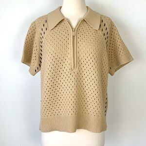 Lou & Grey Mesh Stitch Half Zip Knit Short Sleeve Collared Sweater